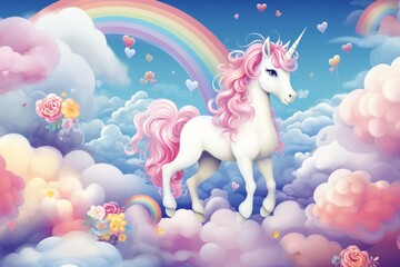 Illustration of a majestic unicorn standing on a fluffy cloud with a vibrant rainbow backdrop created with Generative AI technology - obrazy, fototapety, plakaty