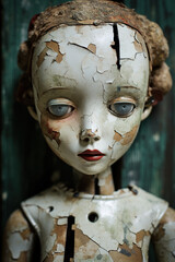 Vintage porcelain doll with cracked paint and an unsettling expression. Close up portrait of an old doll. 