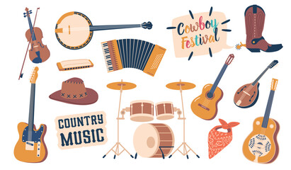 Country Music Instruments. Guitar, Banjo, Fiddle, And Harmonica. Guitar, Drum Kit Or Accordion Vector Illustration
