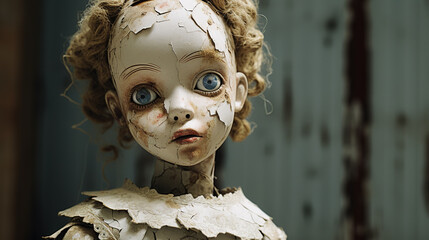 Vintage porcelain doll with cracked paint and an unsettling expression. Close up portrait of an old doll. 