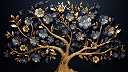 Fototapeta na wymiar Fantasy Golden Style Tree Stylized, Colorful