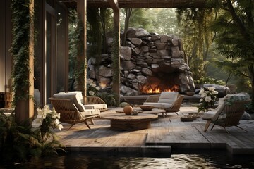 Ultra Luxurious Garden with some Armchairs and a Fire on the Middle. A Lake near the Resort.