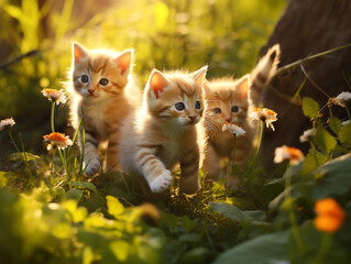 Several Baby Cats Playing Together in Nature