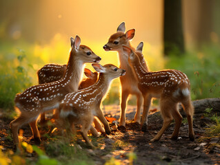 Several Baby Deer Playing Together in Nature