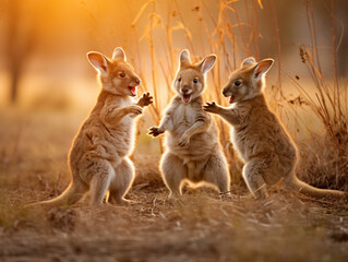 Several Baby Kangaroos Playing Together in Nature - obrazy, fototapety, plakaty