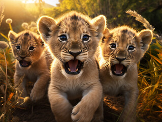 Several Baby Lions Playing Together in Nature