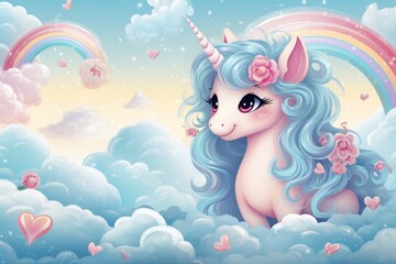 Illustration of a majestic unicorn sitting on a fluffy cloud with a vibrant rainbow in the background created with Generative AI technology - obrazy, fototapety, plakaty