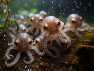 Several Baby Octopuses Playing Together in Nature