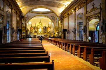interior shot of an ornate church with pews and walls - Powered by Adobe