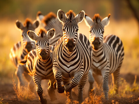 Several Baby Zebras Playing Together in Nature