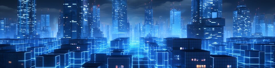 Abstract futuristic city in neon blue color, banner