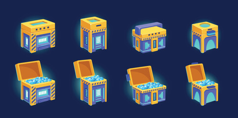 Futuristic Chests, Closed And Open Boxes With Treasure Inside. Isolated Sci-fi Game Assets, Combine Sleek Design