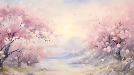 Obraz na płótnie Canvas watercolor cherry blossom landscape Generative AI