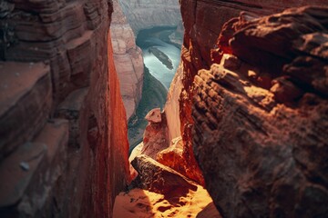 Calm river seen through the rugged sandstone formations in a canyon