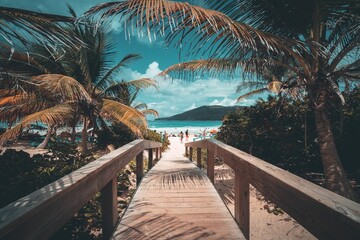 wooden walkway leading to beach, palm trees and blue sky