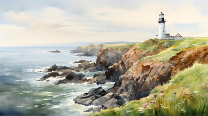 Fototapeta na wymiar watercolor coastal landscape Generative AI