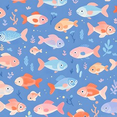 Naklejka premium Cute fish repeat pattern, blue background , Generative AI