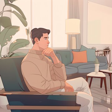 Gentle man sitting on a sofa in the living room, cartoon style illustration, Generative AI
