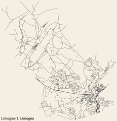 Detailed hand-drawn navigational urban street roads map of the LIMOGES-1 CANTON of the French city of LIMOGES, France with vivid road lines and name tag on solid background