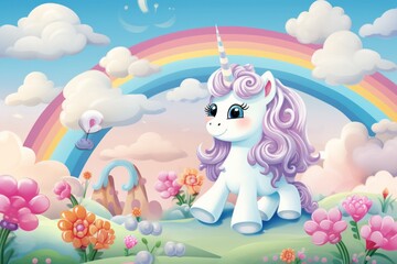 Illustration of a colorful cartoon unicorn sitting in a vibrant field with a magical rainbow in the background created with Generative AI technology