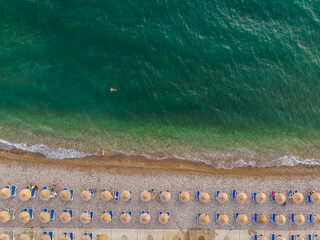 Aerial photographs sea or ocean. View from flying drone. Birds-eye view of beach in Montenegro. Top view