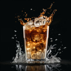 Splash of ice coffee in glass isolated, dark food photography, black concrete background