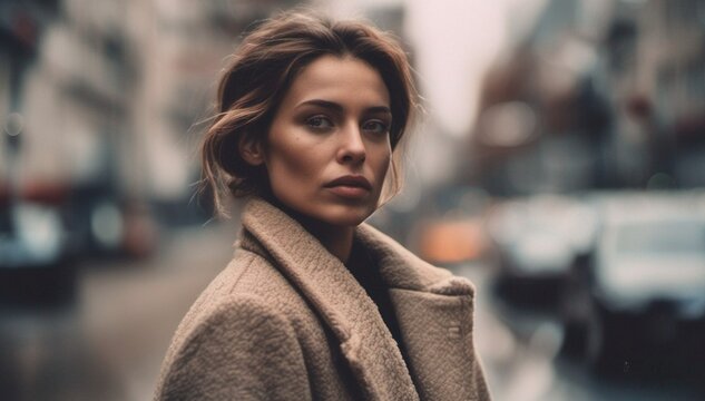 Side pose of  Women wearing brown overcoat in city with bokeh background
