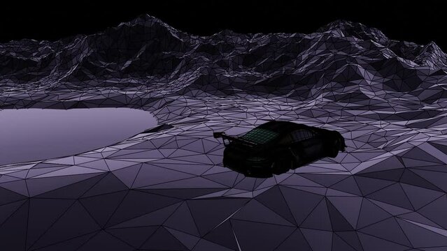 3D animation of a sports car driving off-road across a rocky lunar like landscape with a jump and lake, black and grey render 