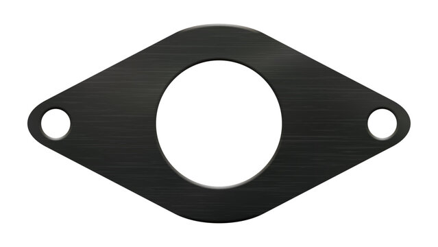Realistic vector illustration of a diamond shaped black rubber gasket with two small and one large round hole. Technical product for the insulation of pipelines and vehicles in flanged connections.