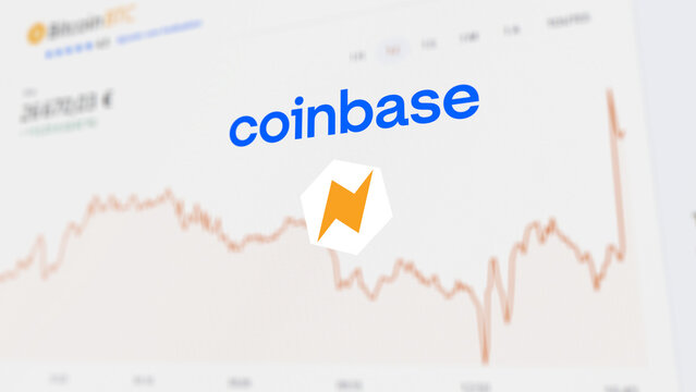 July 30th 2023, the logo Coinbase and the logo Lightning Network on a screen. In the background a blurry exchange chart.