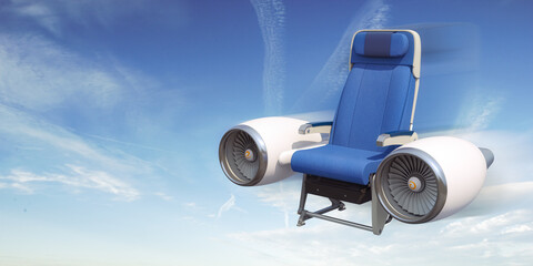 Aircraft seat on airplane motor flying in the sky. Travel and tourism concept.