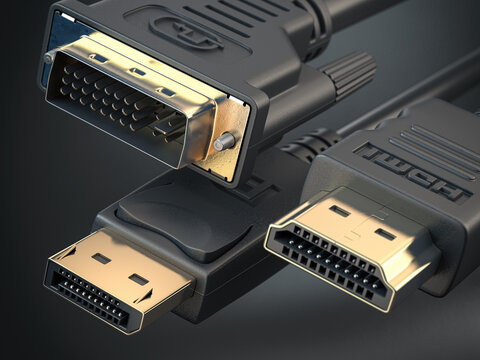 HDMI, Display port and DVI cables. Most common types of digital video cables and display connectors.