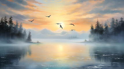 Obraz na płótnie Canvas sunrise over lake landscape Generative AI