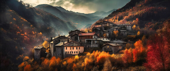 an autumnal sky over a mountain village - obrazy, fototapety, plakaty