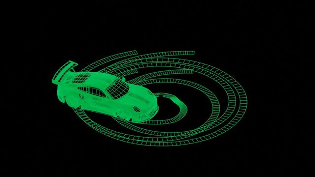 3D animation of a sports car doing donut spins in green and black render