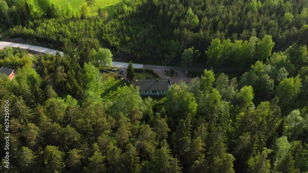 Sticker revealing a house with solar panels, on the scandinavian countryside - aerial view