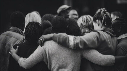 Rearview of diverse people hugging each other