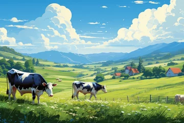 Foto op Plexiglas vector graphics of Rural landscapes with dairy farms and herd cows © sirisakboakaew