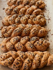 the table has several tasty looking bread buns on it