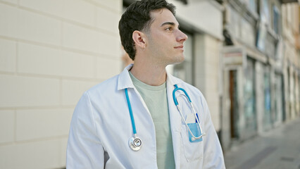 Young hispanic man doctor standing with serious expression at hospital