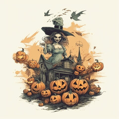 Retro vintage halloween illustration with girl and pumpkins