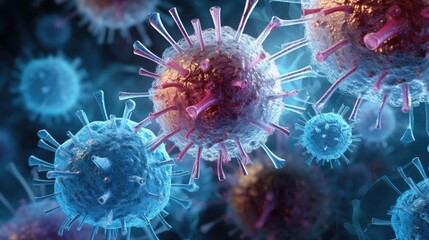 Magnified view of virus cells revealing the complexity of healthcare challenges. Generative AI