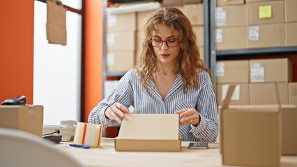 Young woman ecommerce business worker packing cardboard box at office