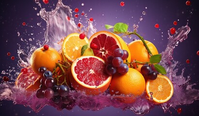Fototapeta na wymiar Huge Fruit Splash of Orange and Purple Grapes on a Purple Background, Commercial Photography.