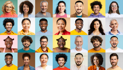 Collage portrait of multiracial smiling different business people isolated on colorful backgrounds....