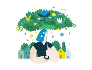 Greenery, ecology -modern flat vector concept illustration of a woman under the green lush umbrella of plants and flowers. Metaphor of environmental sustainability and protection, closeness to nature