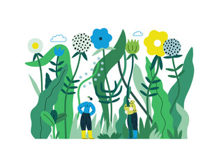 Greenery, ecology -modern flat vector concept illustration of tiny people in the grass, surrounded by plants and flowers. Metaphor of environmental sustainability and protection, closeness to nature