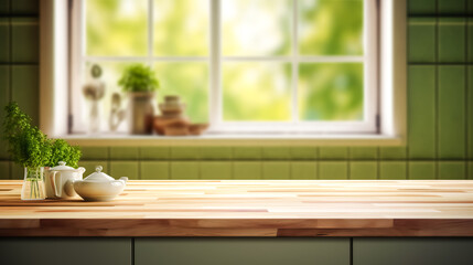 Fototapeta na wymiar Selective focus.Wood desk counter bar in cozy kitchen with window green garden view.food and drink background.ai generated images