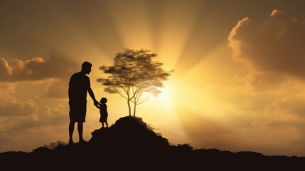 Fototapeta premium Silhouette Adults helped build the foundation for a child to grow up and grow efficiently over blurred natural team responsible for the idea of progress concept