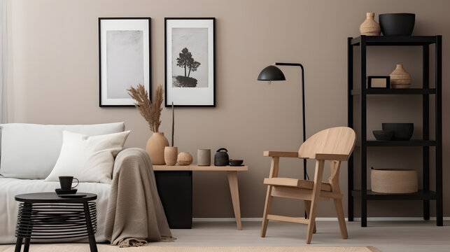 Creative composition of cozy living room interior with mock up poster frame, wooden desk, rattan armchair, modular sofa, black rack, stylish lamp, pillow and personal accessories. Home decor. Template